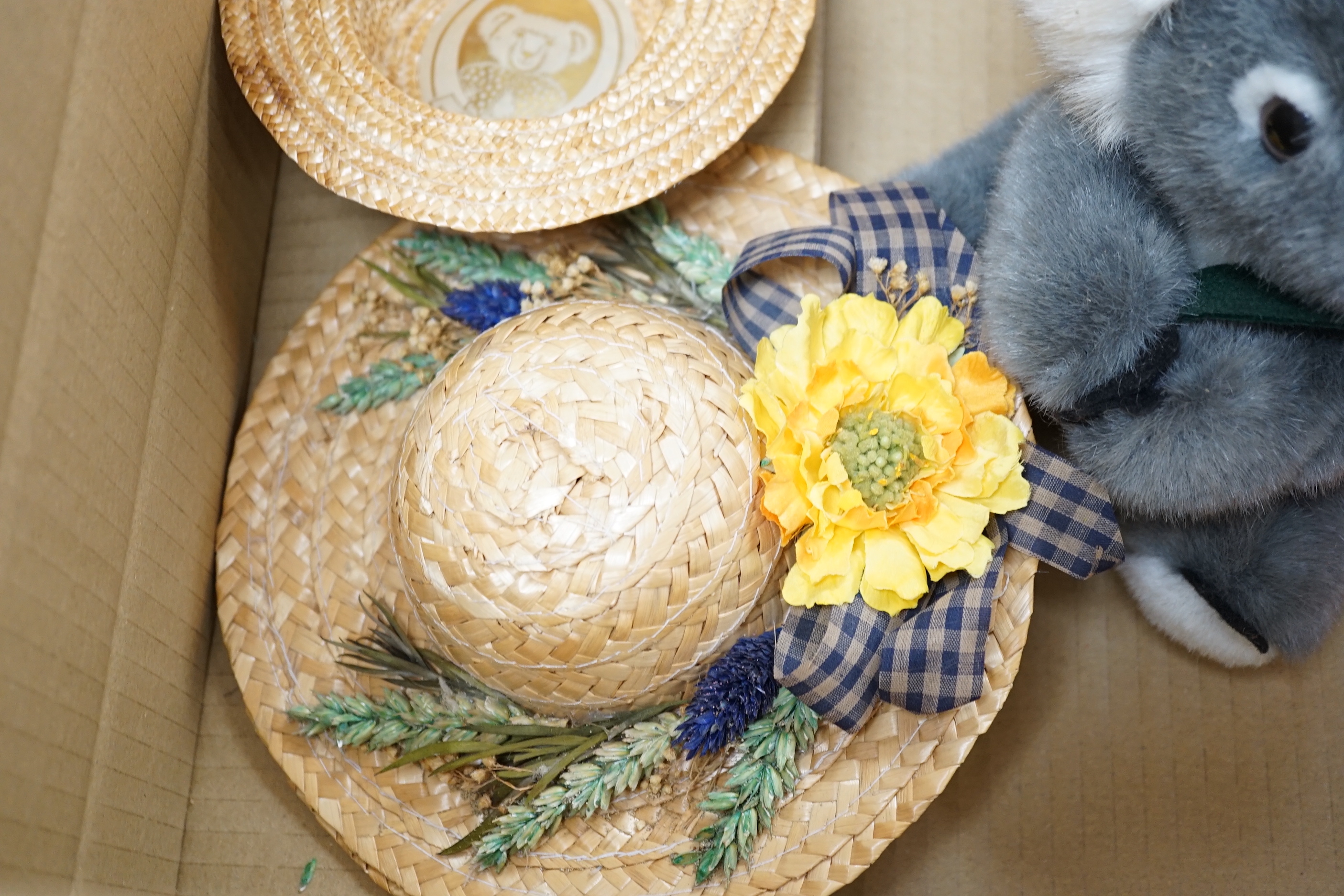 Two Steiff yellow tag animals 'Toky' black panther and Kosen goat, two teddy bear chairs, two straw hats for bears and four bears